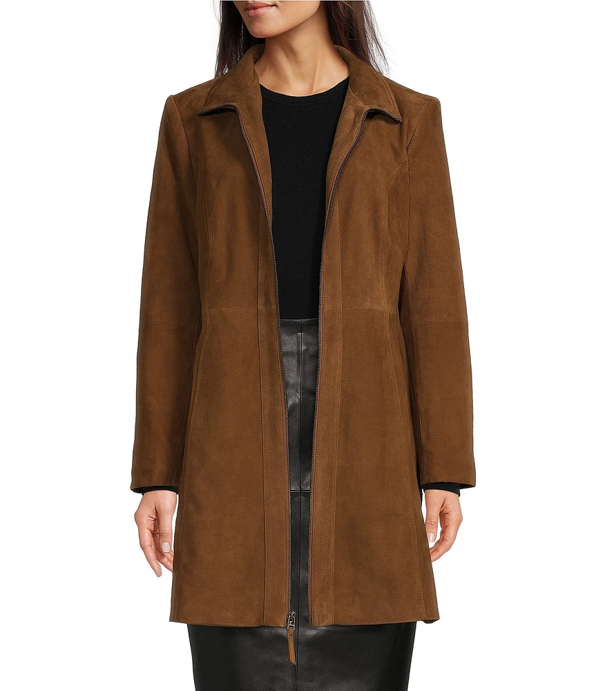 Katherine Kelly Genuine Leather Suede Zip Front Stand Collar Jacket