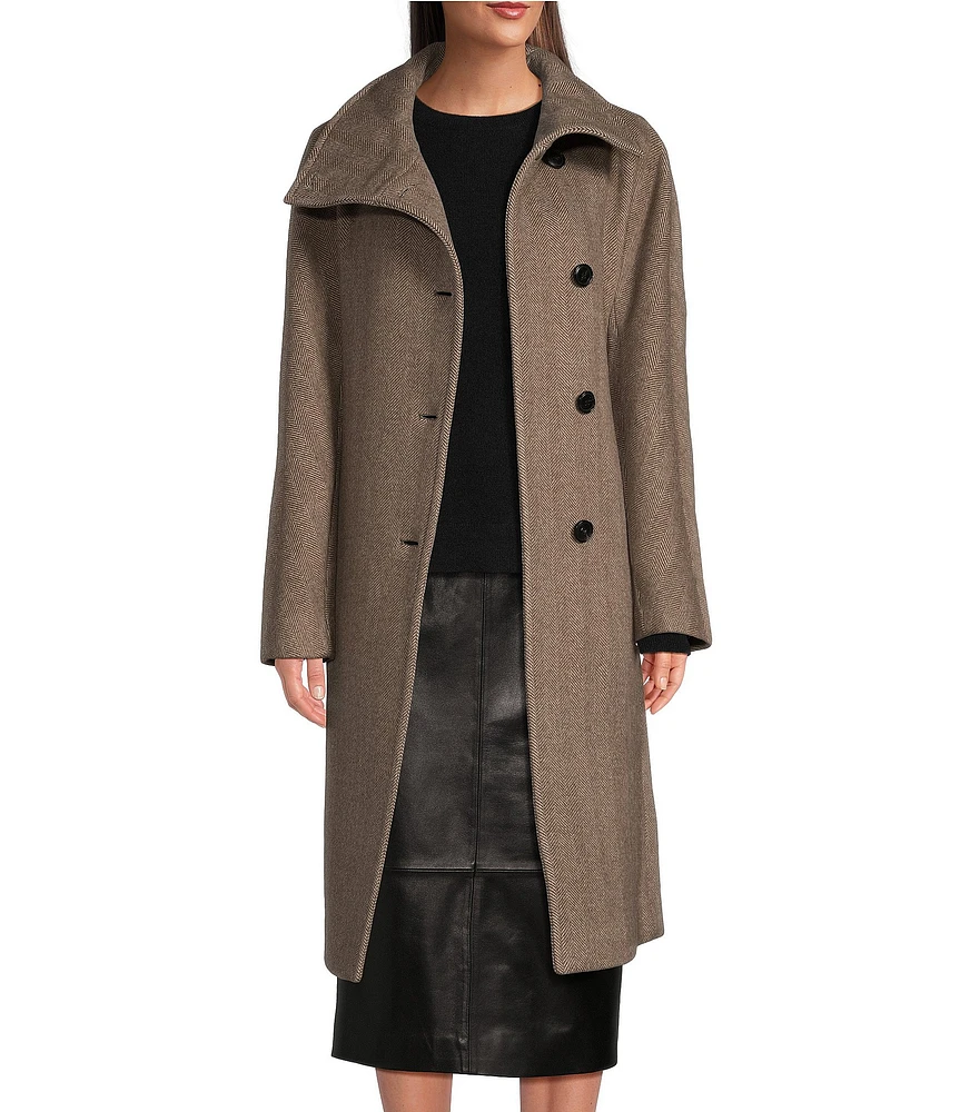 Katherine Kelly Pure Wool Herringbone Funnel Neck Long Sleeve Coat