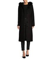 Katherine Kelly Pure Wool Maxi Coat with Faux Fur Trim Hood