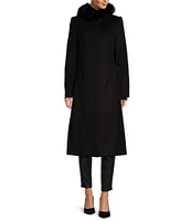 Katherine Kelly Pure Wool Maxi Coat with Faux Fur Trim Hood