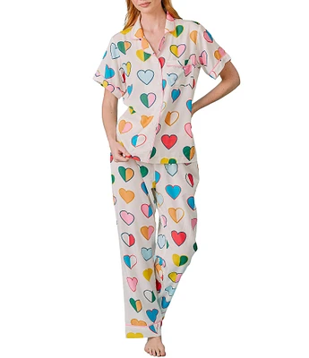 Katie Kime Short Sleeve Notch Collar Woven Amour Heart Print Pajama Pant Set