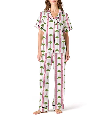 Katie Kime Woven Tropic Palm Print Short Sleeve Notch Collar Long Pant Pajama Set