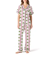 Katie Kime Woven Tropic Palm Print Short Sleeve Notch Collar Long Pant Pajama Set