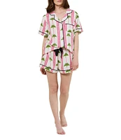 Katie Kime Woven Tropic Palm Print Short Sleeve Notch Collar Shorty Pajama Set