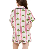 Katie Kime Woven Tropic Palm Print Short Sleeve Notch Collar Shorty Pajama Set