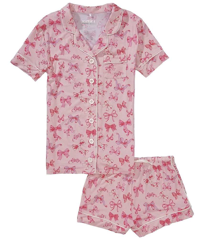 KatieJNYC Big Girls 7-16 Lynn Bow Print Short Sleeve Collared Button Front Top & Pajama Shorts Set