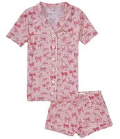 KatieJNYC Big Girls 7-16 Lynn Bow Print Short Sleeve Collared Button Front Top & Pajama Shorts Set