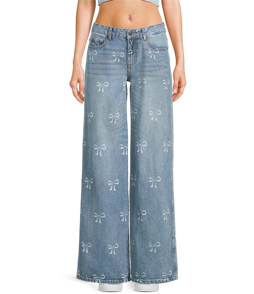 KatieJNYC Bow Print Wide Leg Chicago Denim Jeans
