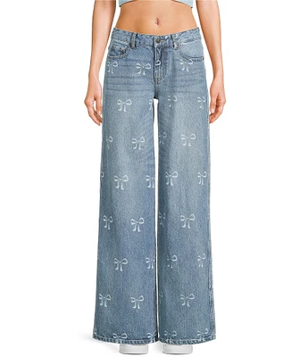 KatieJNYC Bow Print Wide Leg Chicago Denim Jeans