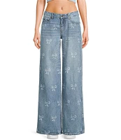 KatieJNYC Bow Print Wide Leg Chicago Denim Jeans