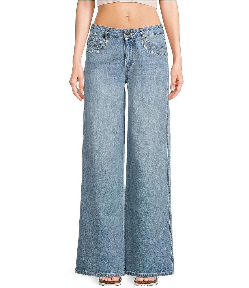 KatieJNYC Chicago Embroidered Wide Leg Denim Jeans