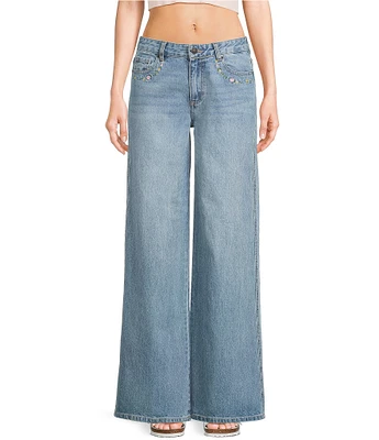 KatieJNYC Chicago Embroidered Wide Leg Denim Jeans