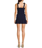 KatieJNYC Evan Square Neck Tie Shoulder Solid Smocked Dress