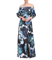 Kay Unger Alison Ots Floral Organza Mikado Off-The-Shoulder 3/4 Bishop Sleeve Pleated Column Gown