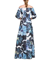 Kay Unger Alison Ots Floral Organza Mikado Off-The-Shoulder 3/4 Bishop Sleeve Pleated Column Gown