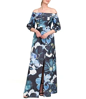 Kay Unger Alison Ots Floral Organza Mikado Off-The-Shoulder 3/4 Bishop Sleeve Pleated Column Gown