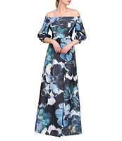 Kay Unger Alison Ots Floral Organza Mikado Off-The-Shoulder 3/4 Bishop Sleeve Pleated Column Gown