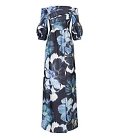 Kay Unger Alison Ots Floral Organza Mikado Off-The-Shoulder 3/4 Bishop Sleeve Pleated Column Gown