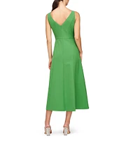 Kay Unger Amari Stretch Crepe Boat Neck Sleeveless V-Back Seam Detail Midi Dress