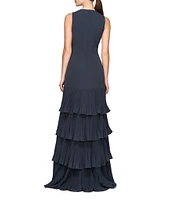 Kay Unger Angelique Stretch Crepe V-Neck Sleeveless Pleated Tiered Gown