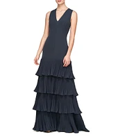 Kay Unger Angelique Stretch Crepe V-Neck Sleeveless Pleated Tiered Gown