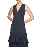 Kay Unger Angelique Stretch Crepe V-Neck Sleeveless Pleated Tiered Gown