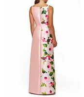 Kay Unger Barbara Wild Rose Mikado Bateau Neck Asymmetrical Draped Overlay Skirt Column Gown