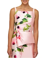 Kay Unger Barbara Wild Rose Mikado Bateau Neck Asymmetrical Draped Overlay Skirt Column Gown