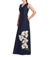 Kay Unger Beaded Floral Print Mikado V-Neck Sleeveless Pocketed A-Line Gown