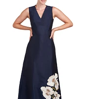 Kay Unger Beaded Floral Print Mikado V-Neck Sleeveless Pocketed A-Line Gown