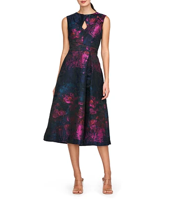 Kay Unger Beckett Floral Jacquard Keyhole Neck Sleeveless Pleated Midi Dress