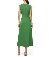 Kay Unger Blossom Stretch Crepe Crew Neck Embellished Midi A-Line Dress