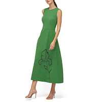 Kay Unger Blossom Stretch Crepe Crew Neck Embellished Midi A-Line Dress