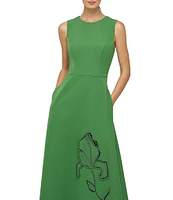 Kay Unger Blossom Stretch Crepe Crew Neck Embellished Midi A-Line Dress