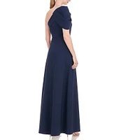 Kay Unger Briana Stretch Crepe Asymmetrical Neck Short Drape Puff Sleeve Tulip Side Slit Gown
