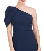 Kay Unger Briana Stretch Crepe Asymmetrical Neck Short Drape Puff Sleeve Tulip Side Slit Gown