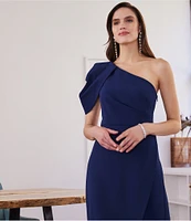 Kay Unger Briana Stretch Crepe Asymmetrical Neck Short Drape Puff Sleeve Tulip Side Slit Gown