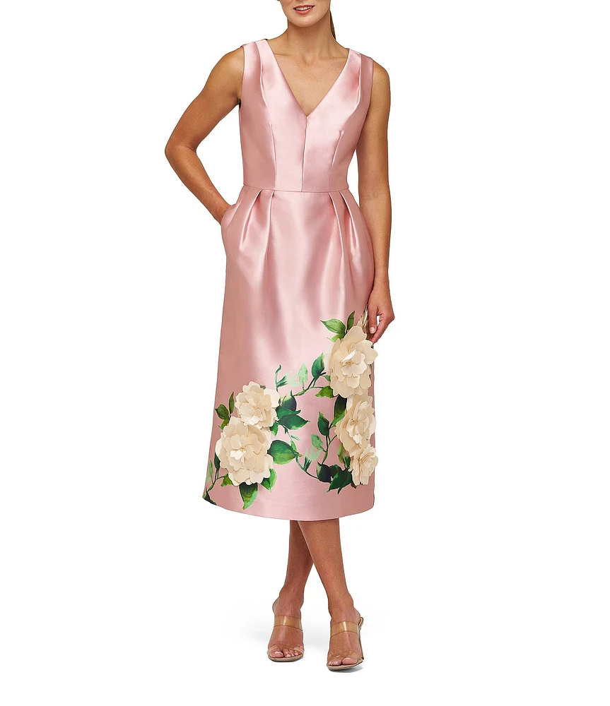Kay Unger Briella V-Neck Sleeveless 3D Floral Applique Mikado Midi Dress