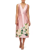 Kay Unger Briella V-Neck Sleeveless 3D Floral Applique Mikado Midi Dress