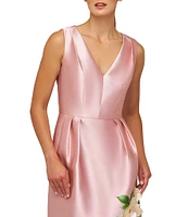 Kay Unger Briella V-Neck Sleeveless 3D Floral Applique Mikado Midi Dress