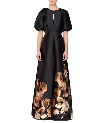 Kay Unger Delfina Floral Boarder Mikado Round Keyhole Neck Elbow Puff Sleeve Gown