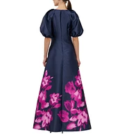 Kay Unger Delfina Floral Boarder Mikado Round Keyhole Neck Elbow Puff Sleeve Gown