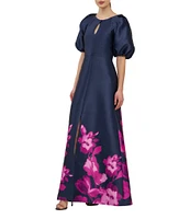 Kay Unger Delfina Floral Boarder Mikado Round Keyhole Neck Elbow Puff Sleeve Gown