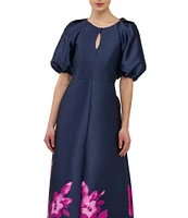 Kay Unger Delfina Floral Boarder Mikado Round Keyhole Neck Elbow Puff Sleeve Gown