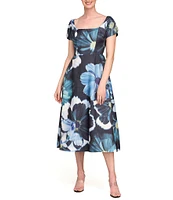 Kay Unger Emma Floral Organza Mikado Scoop Neck Short Sleeve A-Line Dress