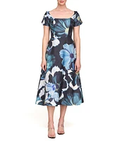 Kay Unger Emma Floral Organza Mikado Scoop Neck Short Sleeve A-Line Dress