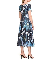 Kay Unger Emma Floral Organza Mikado Scoop Neck Short Sleeve A-Line Dress