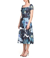 Kay Unger Emma Floral Organza Mikado Scoop Neck Short Sleeve A-Line Dress