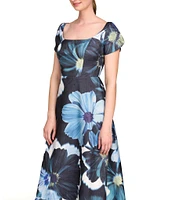 Kay Unger Emma Floral Organza Mikado Scoop Neck Short Sleeve A-Line Dress