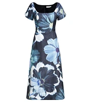 Kay Unger Emma Floral Organza Mikado Scoop Neck Short Sleeve A-Line Dress